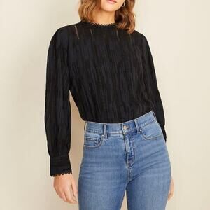 Ann Taylor Long Sleeve High Neck Eyelet Black Blouse S NEW